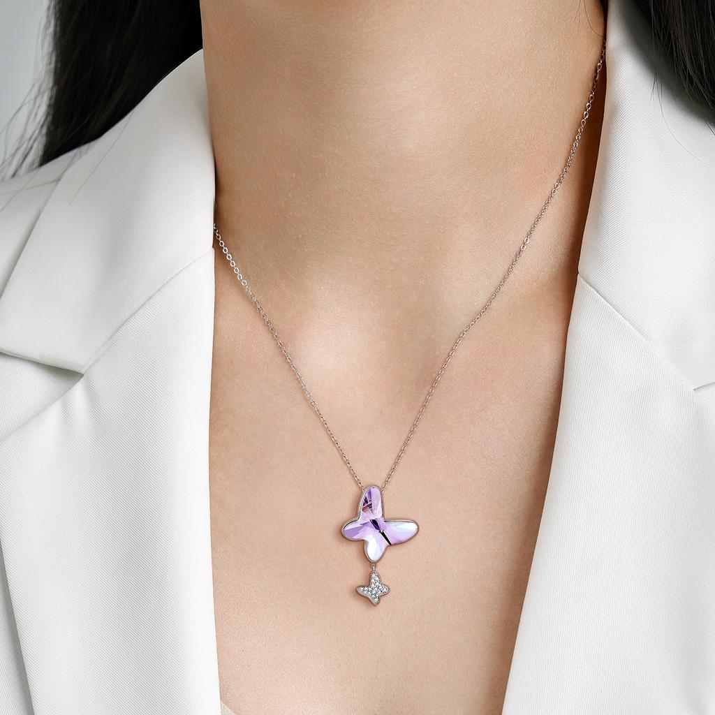 Crystal Butterfly Pendant Necklaces Jewelry Authentic 925 Sterling Silver for Fashion Women Necklace Jewelry Fine Accessory