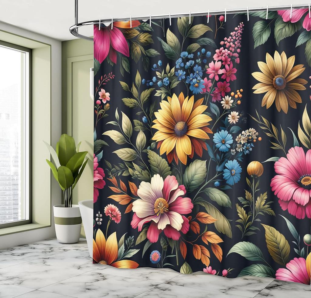 Vintage Shower Curtain, Colorful Art of Spring Flowers and Leaves Dreamy Atmosphere Jungle, Cloth Fabric Bathroom Deco