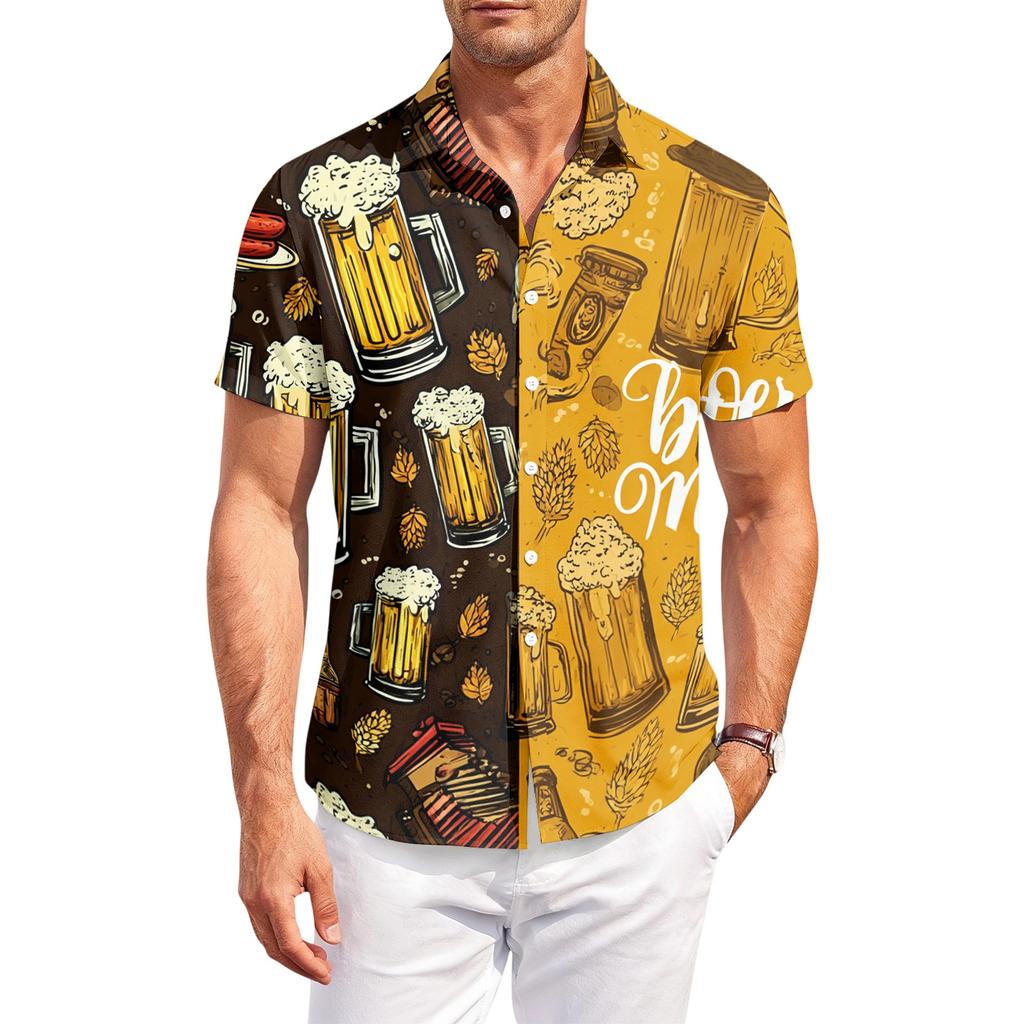Men's Casual Loose Fit Short Sleeve Button Down Shirt Beer Festival Print Lightweight Breathable Fabric Summer Style