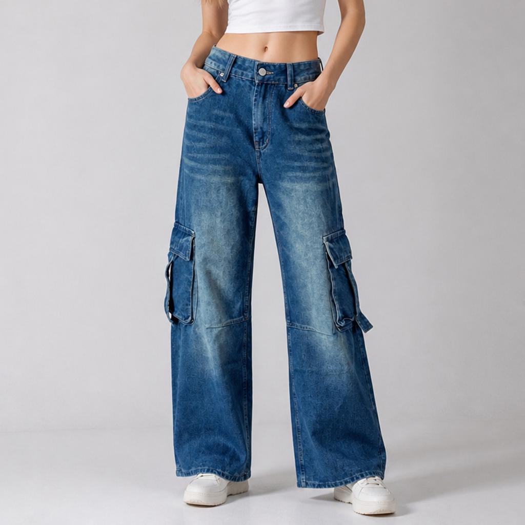 Women's Casual Straight Leg Jeans with Pockets - Loose Fit Denim Pants