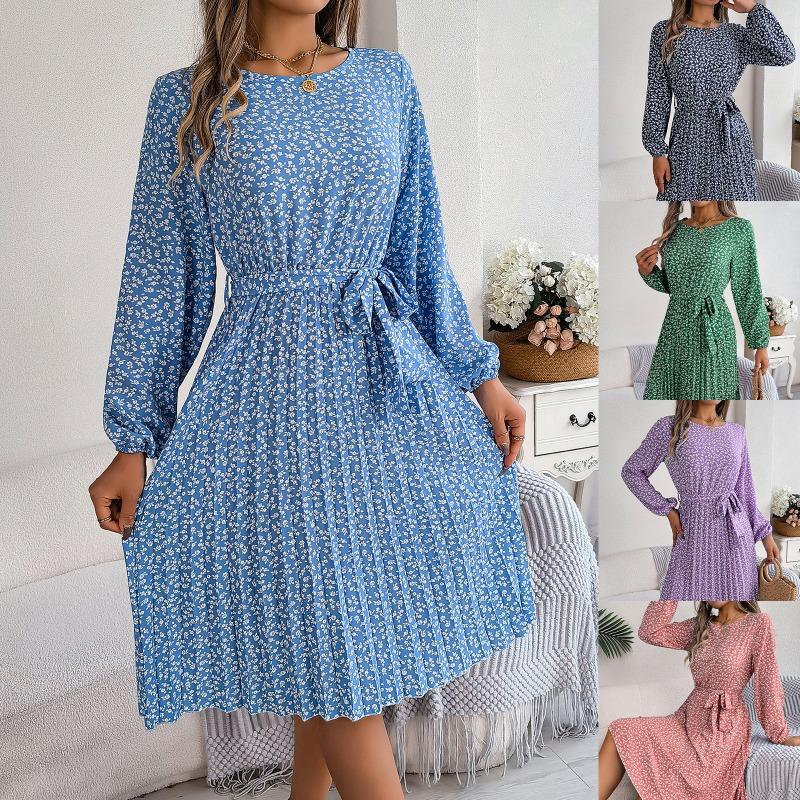 Damen Frühling Sommer Freizeit Langarm Blumen Plissee Kleid