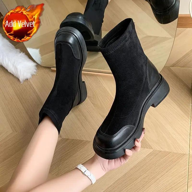 Fashion Booties Round Toe Female Short Shoes Chunky Combat Platform Women's Ankle Boots Punk Style Suede Y2k Sale on Offer Promotion Pu
