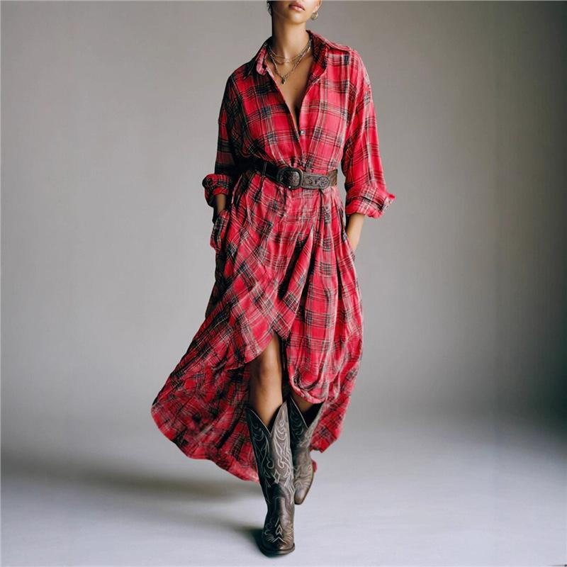 Women's Collared Long Sleeve Plaid Shirt Dress Loose High Waist Vintage Maxi Dress
