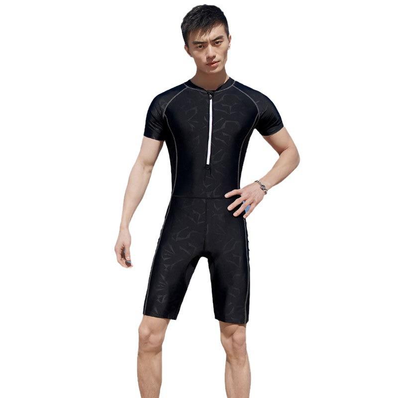 Unisex Professional Short Sleeve One-Piece Swimsuit - Black, Five-Point Pants, Customizable for Students