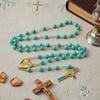 Saint Benedict Rosary Turquoise Glass Beads St. San Benito Cross Nr Medal Catholic Necklace