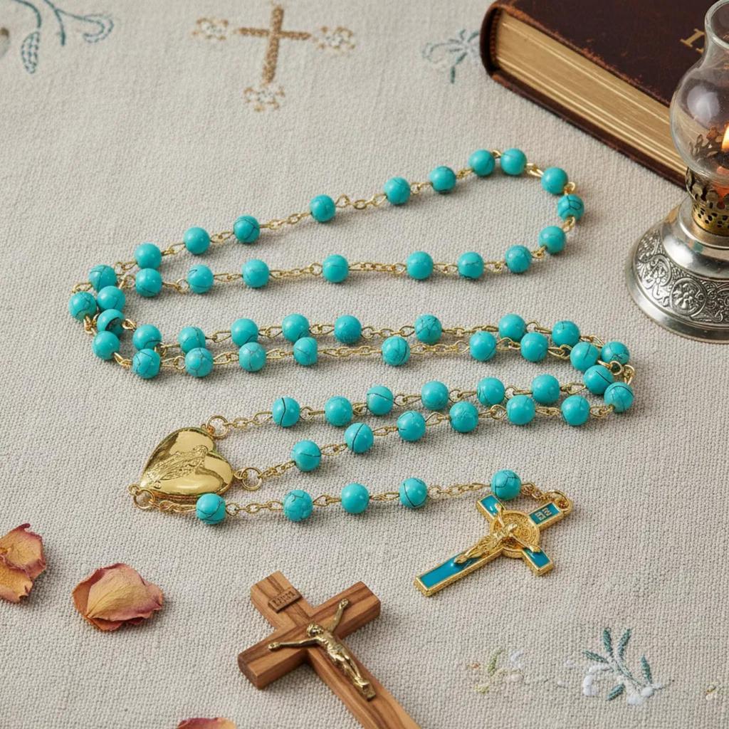 Saint Benedict Rosary Turquoise Glass Beads St. San Benito Cross Nr Medal Catholic Necklace