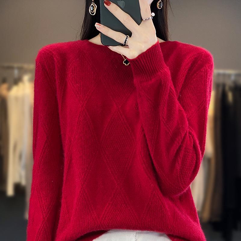 Maglione da donna in lana Autunno/Inverno - Pullover a girocollo lavorazione jacquard a rombi