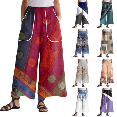 Women's Wide Leg Pants With Elastic Waistband, Retro Printed Large Pockets, Patchwork Loose Pants