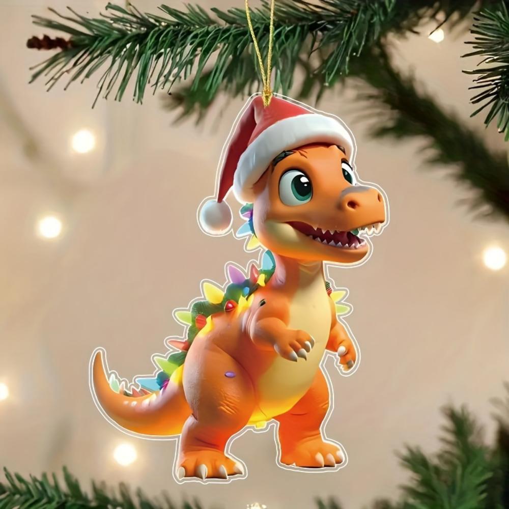 2-teilige Fantasy Dinosaurier Acryl Weihnachtsbaumschmuck Weihnachtsmütze - Feiertags-Feiertagsanhänger für Weihnachten und alle Anlässe