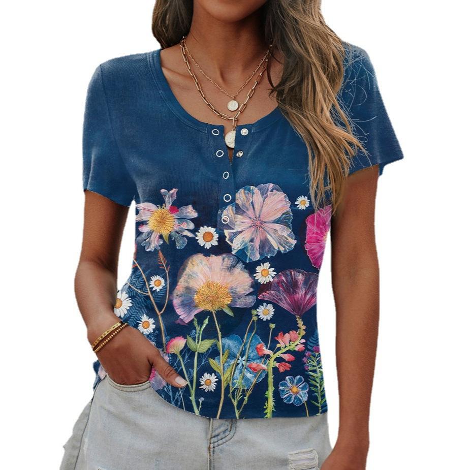 3D Digital Printed Plant Flower Series Summer T-shirt Short Sleeved Round Neck Top