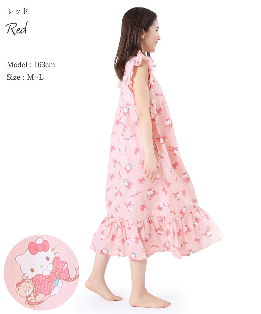 SAZAC Hello Kitty One-Piece Nightgown, Broadcloth, 100% Cotton, Women's, Button-Front Pajamas, Loungewear, Ribbon Design (Red/M-L/SAN1800)