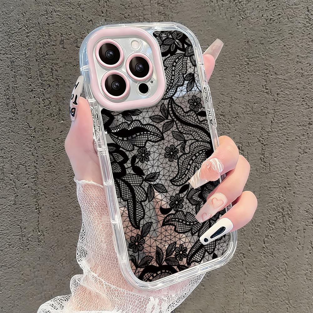 Lace Sexy Black Pattern Mirror Phone Case For iPhone 17 Air 16 Pro Max 17 15 14 13 12 11 7 8 Plus XS XR Protection Back Cover