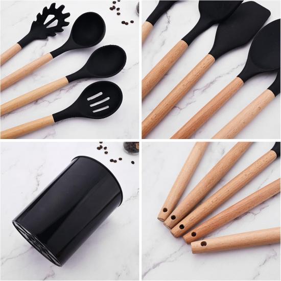 1pcs Black Silicone Balloon Whisk,Heat Resistant Non Scratch Coated Kitchen Whisk with Wooden Handle for Blending Whisking Beating Stirring Cooking