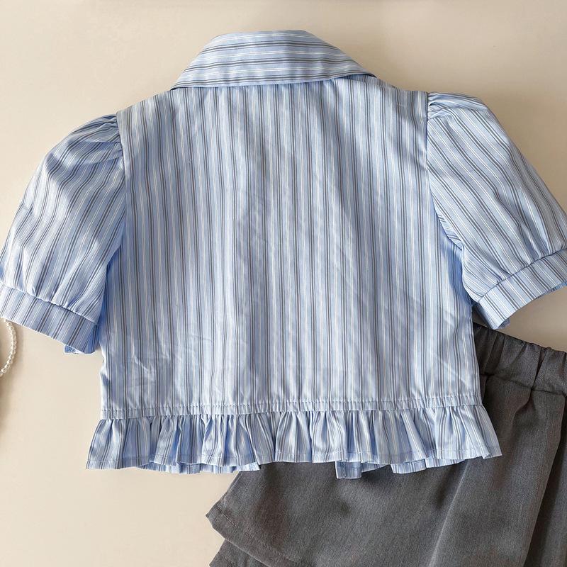 Girls' Striped Puff Sleeve Top & Elastic Waist Skirt Pants Set