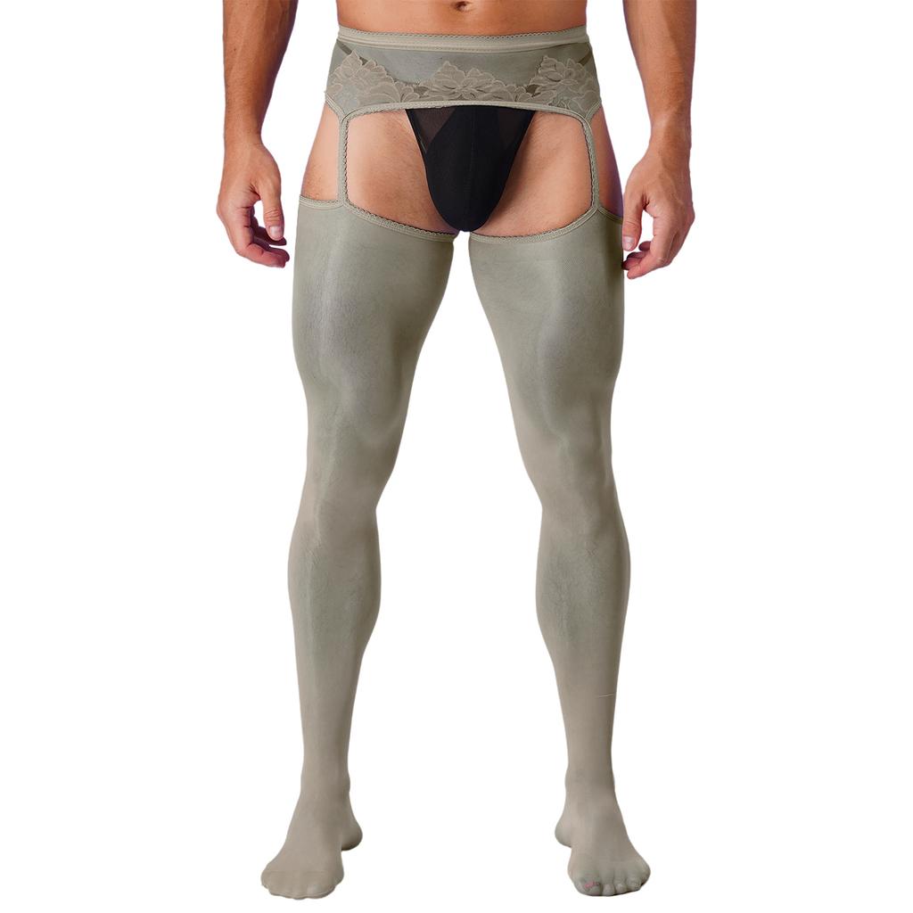 Mens Crotchless Pantyhose Floral Lace Design Open Leggings One Piece Garter Stockings Club Wear