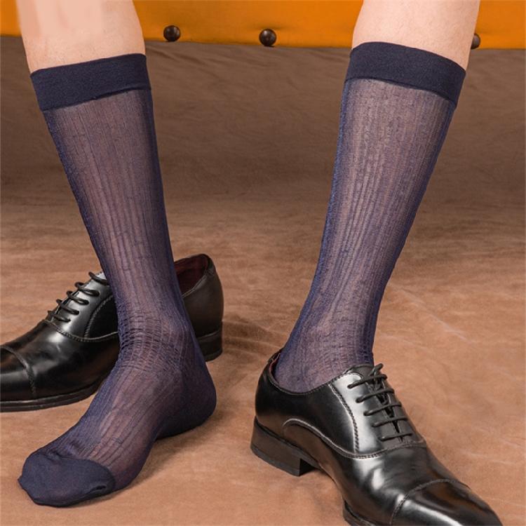 Mens Thin Sheer Silk Formal Dress Suit Socks Casual Business Socks Nylon Breathable Glossy Striped Long Calf Socks