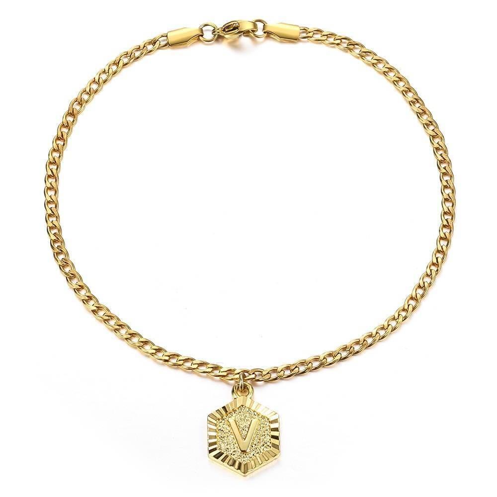 A-Z 26 Lettere Cavigliera Bracciale Colore Oro Acciaio Inossidabile Maglia Figaro/Gourmette 10 pollici