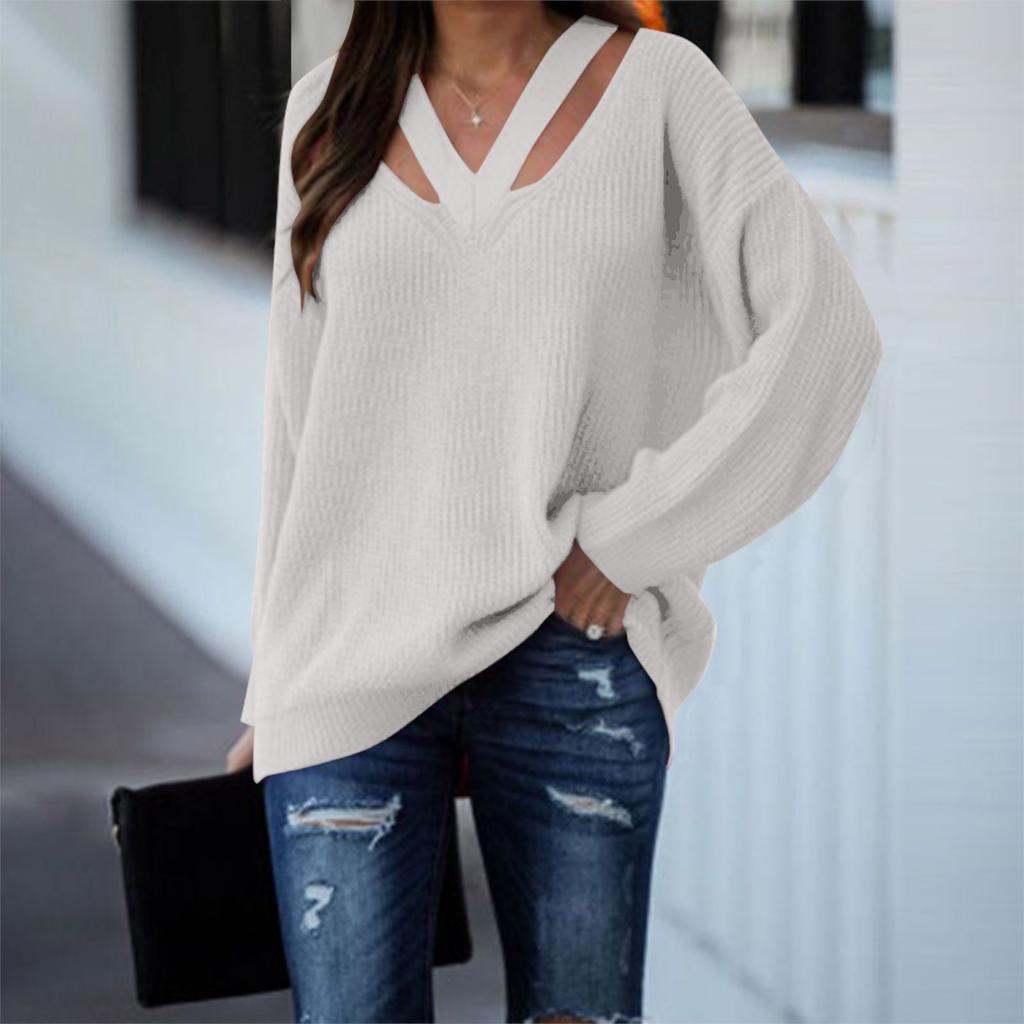 Suéter informal de color sólido con personalidad y manga larga con escote en V holgado a la moda para mujer