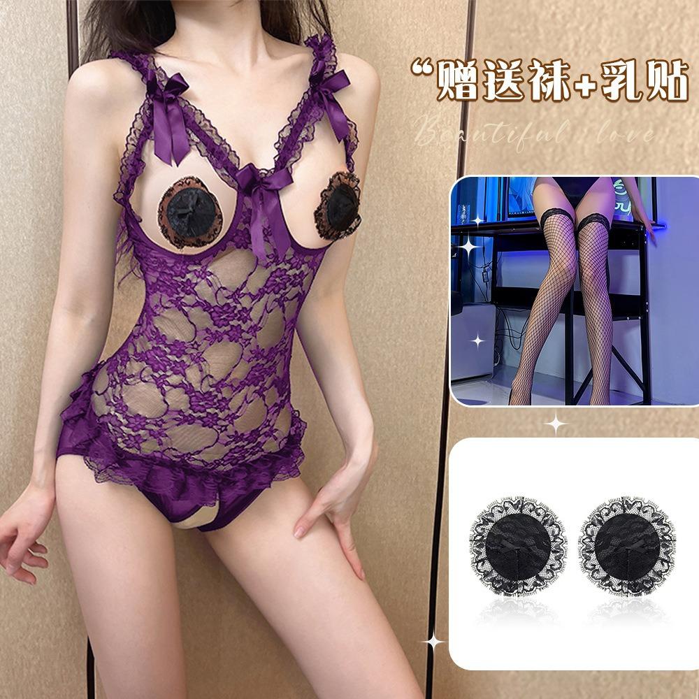 Large size erotic underwear hollowed out bare chest hot couple flirting free open file erotic uniform lace