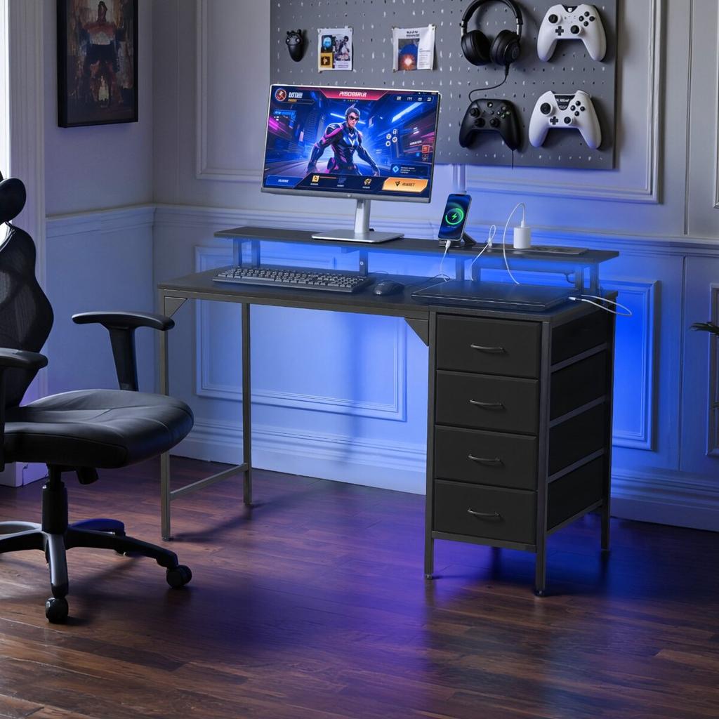 Biurko Komputerowe 120 cm ze Smart Oświetleniem LED i Gniazdkami, Biurko Gamingowe Office z 4 Dużymi Szufladami, Podstawka pod Monitor, do Nauki Pracy dla Domowego Biura,