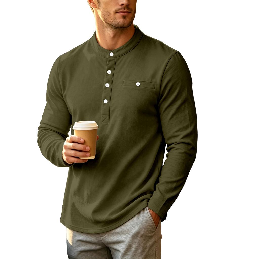 Men’s Stand-up Collar, Multi-Pocket, Breathable Knit, Loose-Fit, Stand-up Collar, Commuter-Style, Henley, Long-Sleeved
