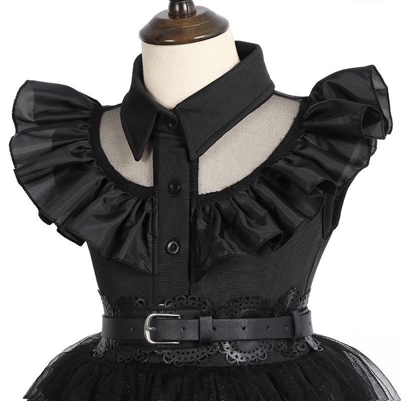 Addams Family Girls' Wednesday Cosplay Black Mesh Jumpsuit Costume for Halloween or Prom
