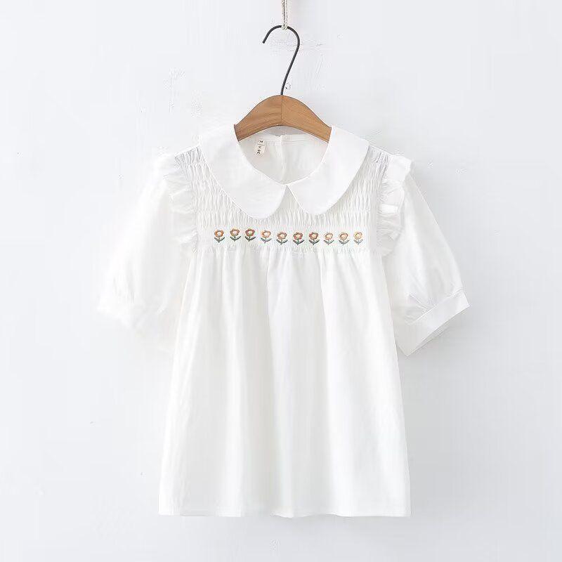 

Топ для мягкой девушки в японском стиле, кружевной, с оборками, с короткими рукавами, вышивка White(Pure cotton) L