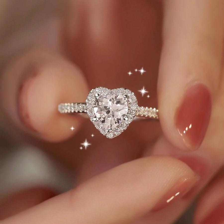Heart-Style Diamond Ring: Women's Pure S925 Silver, 1-Carat Simulated Pave Setting, Perfect for Weddings