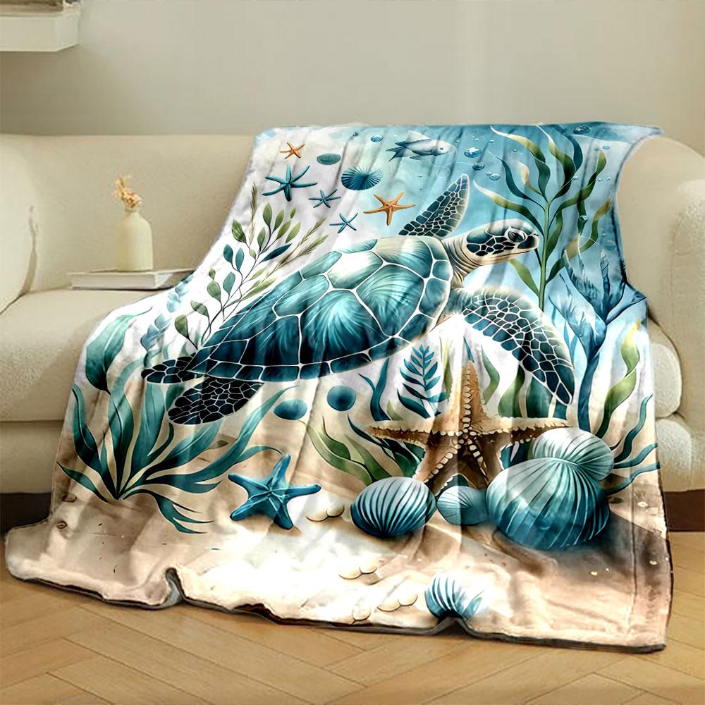 Ocean Themed Plush Blanket with Sea Turtle Starfish and Seaweed Blanket for Livingroom Couch Lunch Break Soft Throw for Friend's Festival Gift