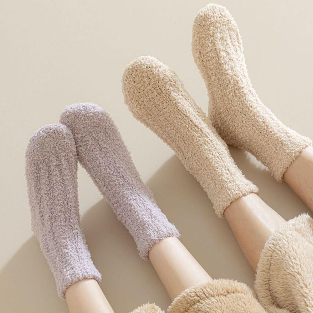 4Pairs Sleeping Coral Fleece Socks Winter Mid Tube Socks Women Floor Plush Socks For Female Men