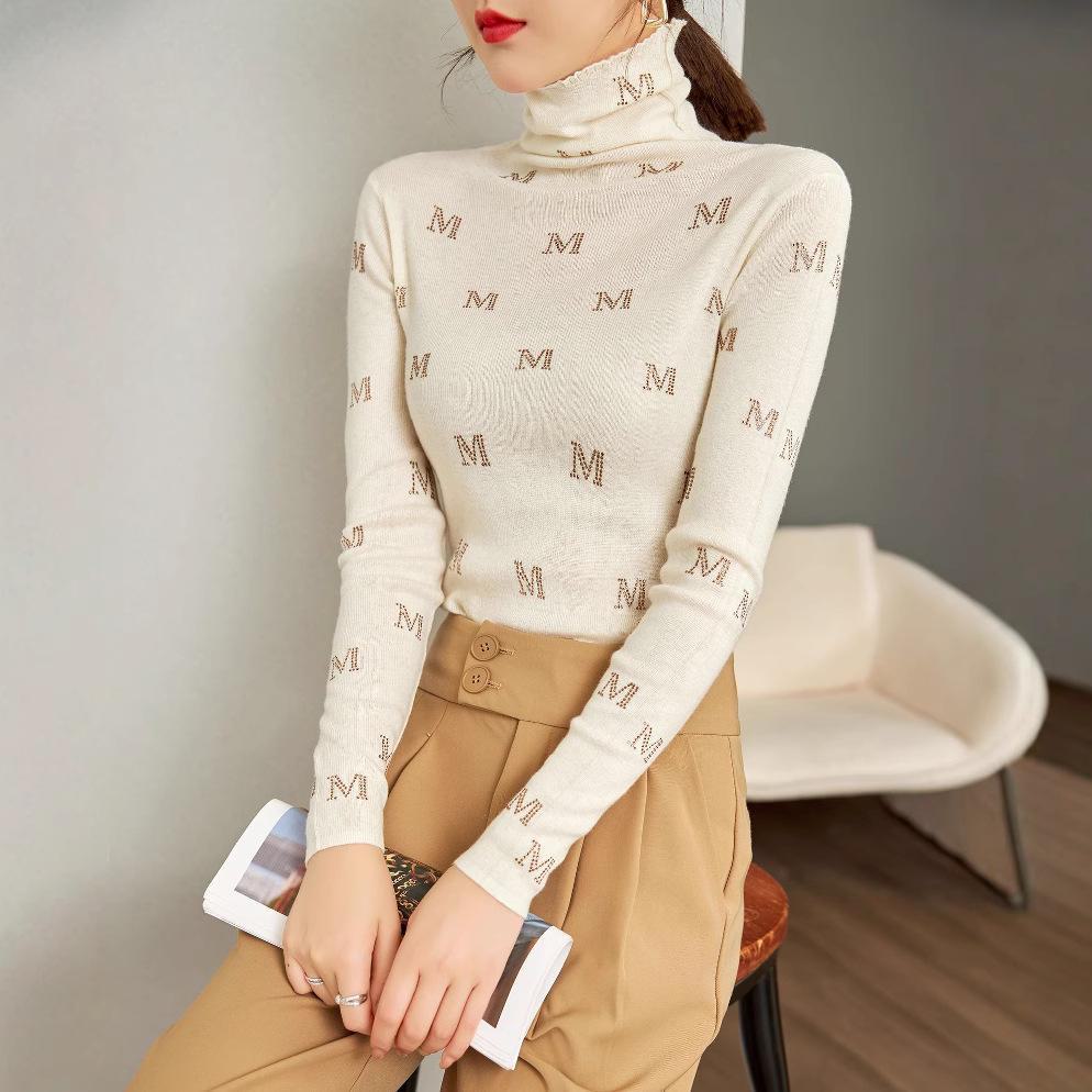Women's 2024 Autumn/Winter High-Collar Slim-Fit Wool & Silk Sweater with Diamond Pattern