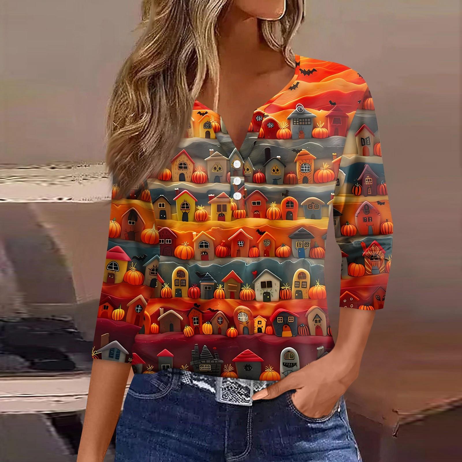 

Жіноча футболка з принтом на Хелловін, ґудзики, рукав 3/4, щоденний вихідний, модний базовий, V-подібний виріз, звичайний топ XXL червоний