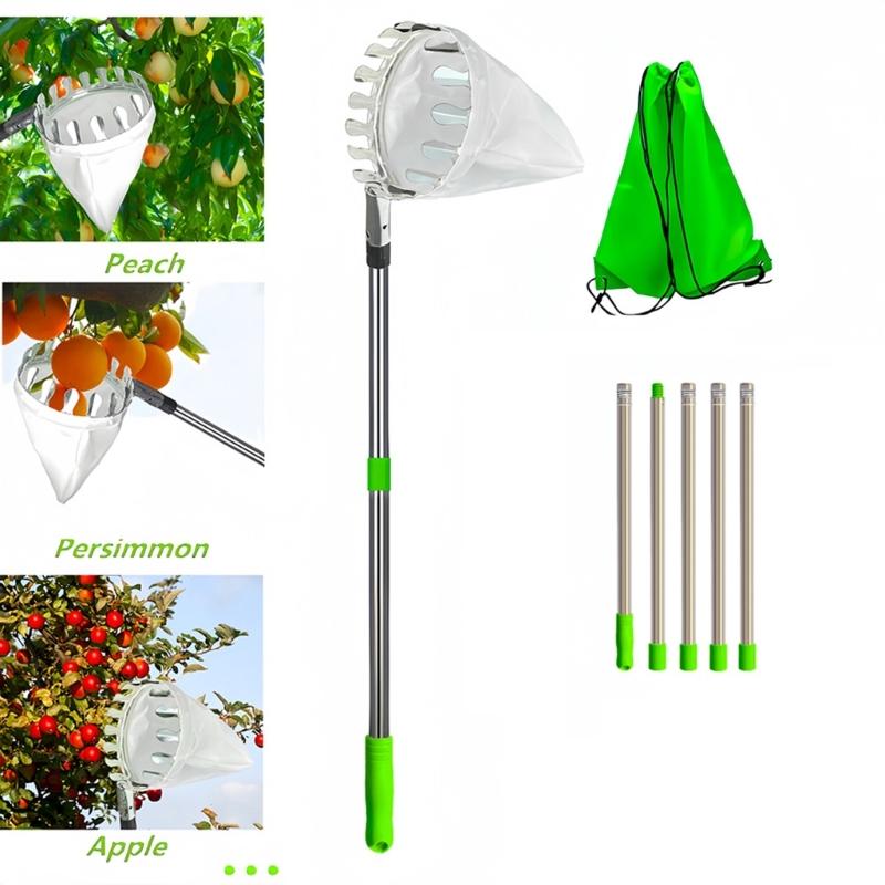 Ergonomic Orchard Fruit Harvester Extendable Poles Stainless Steel Fruit Pickers For Apples Lemon Pear Collection