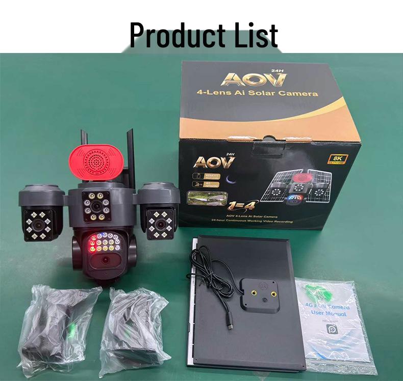 4G Solar-Powered HD Quad-Lens Outdoor Camera with Real-Time Voice Intercom and Full-Color Night Vision