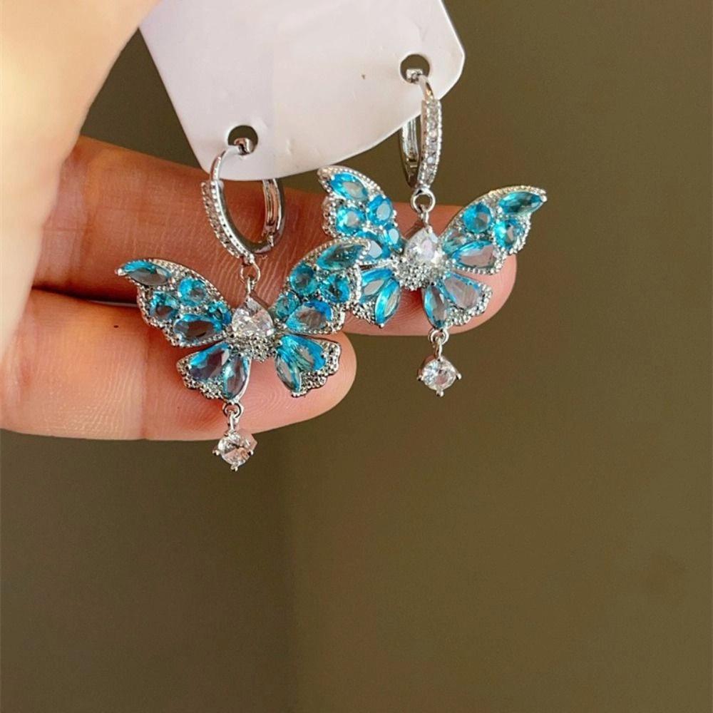 

Light Luxury Butterfly Crystal Earrings Zircon Ear Jewelry Accessories Party синій