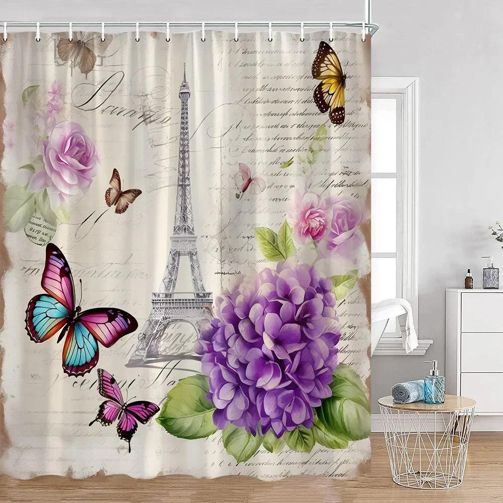 Pink Fashion Romantic Shower Curtain Paris Landscape Dress Pink Bathroom Decoration Modern Bathroom Curtain with Hook