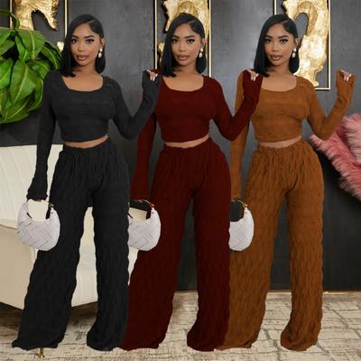 Novo conjunto feminino de duas peças, gola única, manga comprida, top curto com calças justas da moda