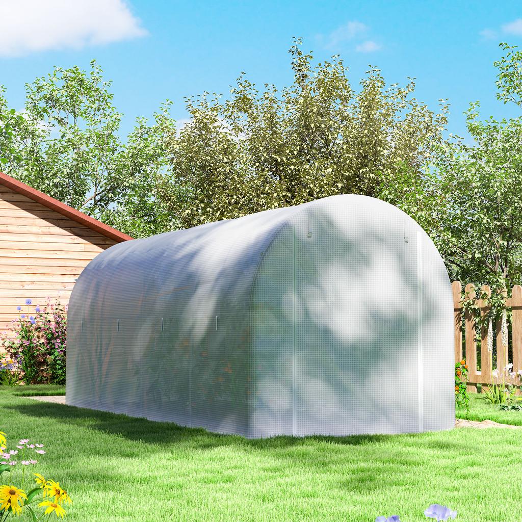 Tunnel Greenhouse 500x200x205 cm Garden Greenhouse with Roll-Up Door and 8 Windows PE Cover 140 g/m² White