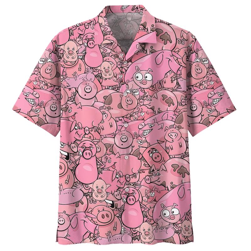 Cartoon Schwein Muster Hawaiihemd für Herren 3D Gedruckte Tiere Kurze Ärmel Sommer Revers Übergroße Hemden Street Button Blusen