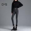 Women Winter Jeans High Waist Faux Fur Lining Slim Fit Button Closure Soft Warm Thick Solid Color Pockets Pencil Pants Lady Autumn Trousers
