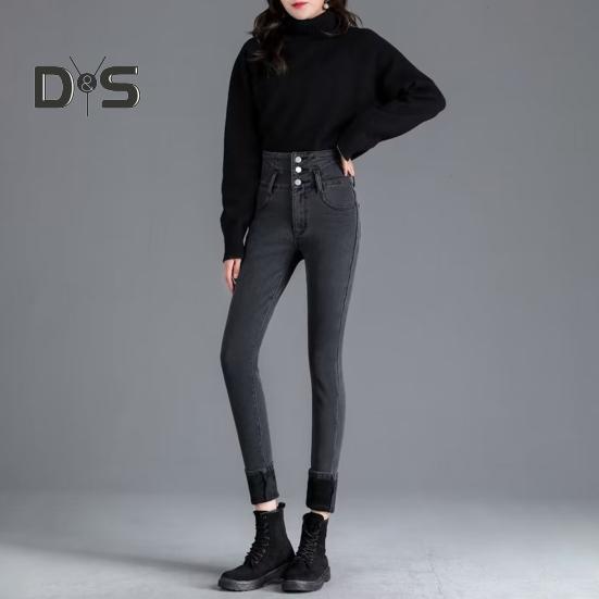 Women Winter Jeans High Waist Faux Fur Lining Slim Fit Button Closure Soft Warm Thick Solid Color Pockets Pencil Pants Lady Autumn Trousers