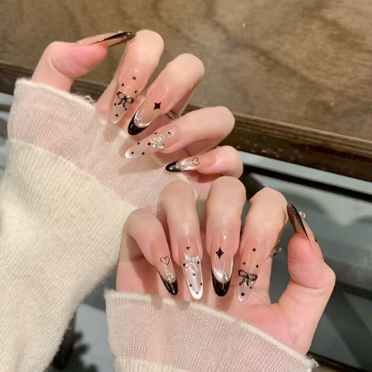 Handcrafted Elegant Black Cat Eye Nails with Polka Dot Bow rich girl