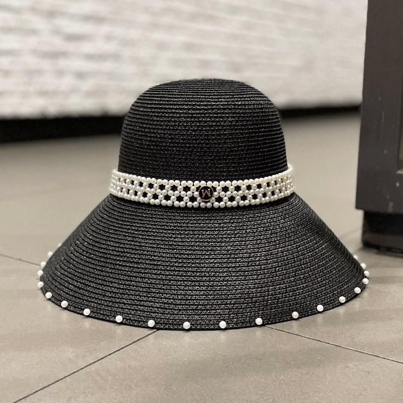 Ins Big Eaves Pearl Straw Fisherman's Hat Children Spring and Summer Seaside Beach Versatile Sunshade Straw Hat