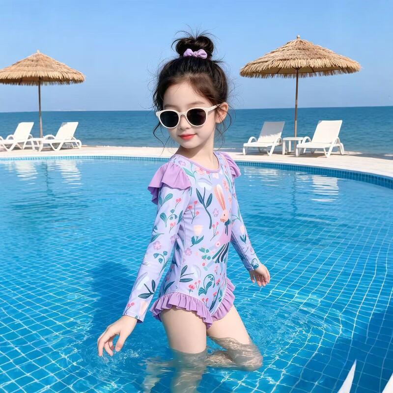 Girls Long Sleeve One Piece Swimsuit Summer Cartoon Floral Print Kids Sun Protection Swimming Suit