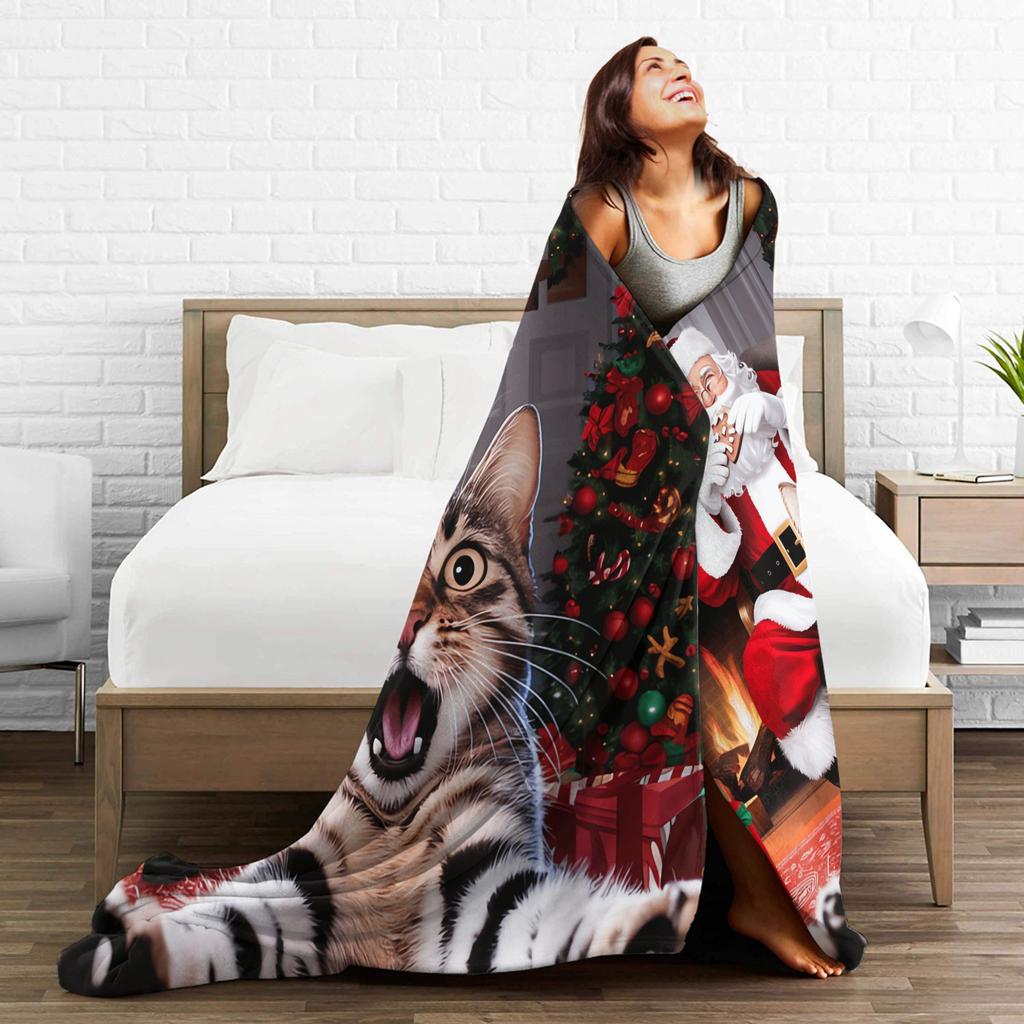 Cat Selfie with Santa Flannel Blanket Winter  Soft Bedding Throws for Kids Couch Chair Street Trend Bedspread Sofa Bed Cover