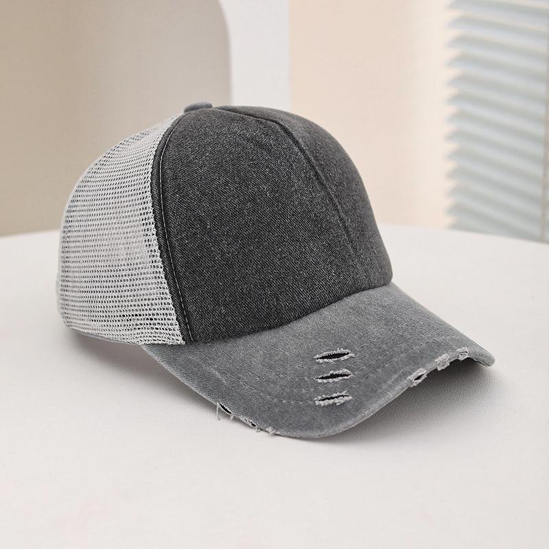 Fashionable Glossy Solid Color Washed Sponge Top Mesh Baseball Cap, Classic Perforated and Fringed Sunshade Baseball Cap
