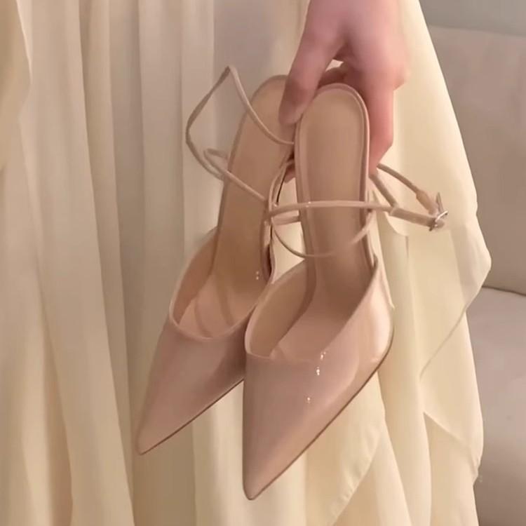 Summer sandals women's 2025 new pointed cross-strap nude patent leather high heels women's stiletto sexy sandals