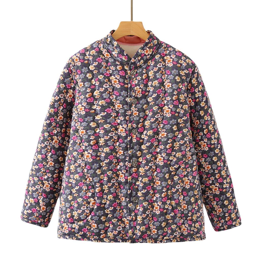 240 Jin Plus Size Velvet-Lined Cotton Jacket for Autumn/Winter - Stand Collar, Loose Fit for Middle-Aged & Elderly Women