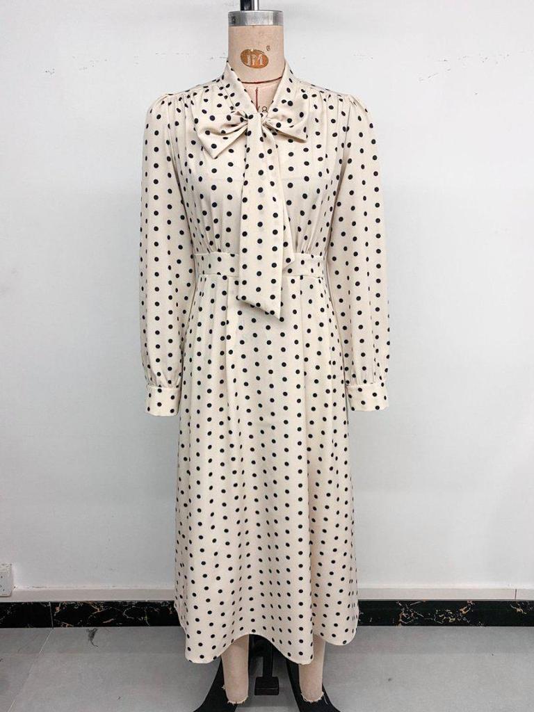 Herbst 2025 Retro Polka-Dot Midi-Kleid mit Schleifenkragen und langen Ärmeln