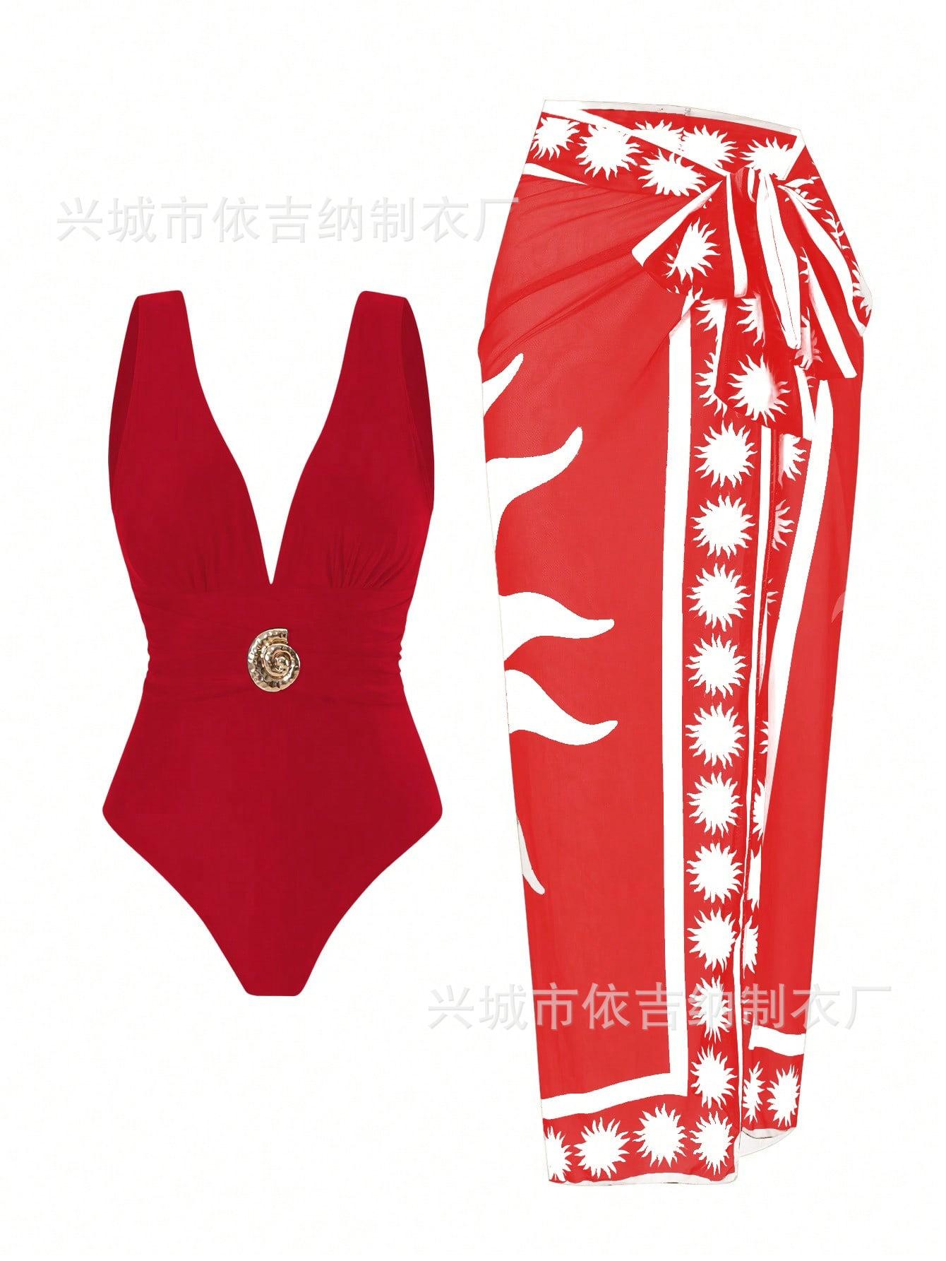 

Deep Brown One-Piece Swimsuit with Sheer Wrap Skirt, V-Neck, Bow Detail XL